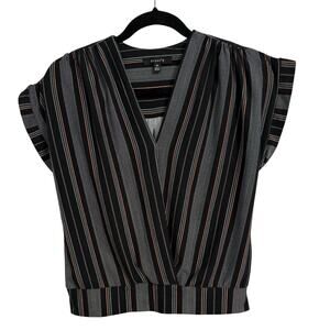 Stunn'd Womens M Retro Pastel Black Stripe Wrap Front Short Sleeve Soft Top Boho